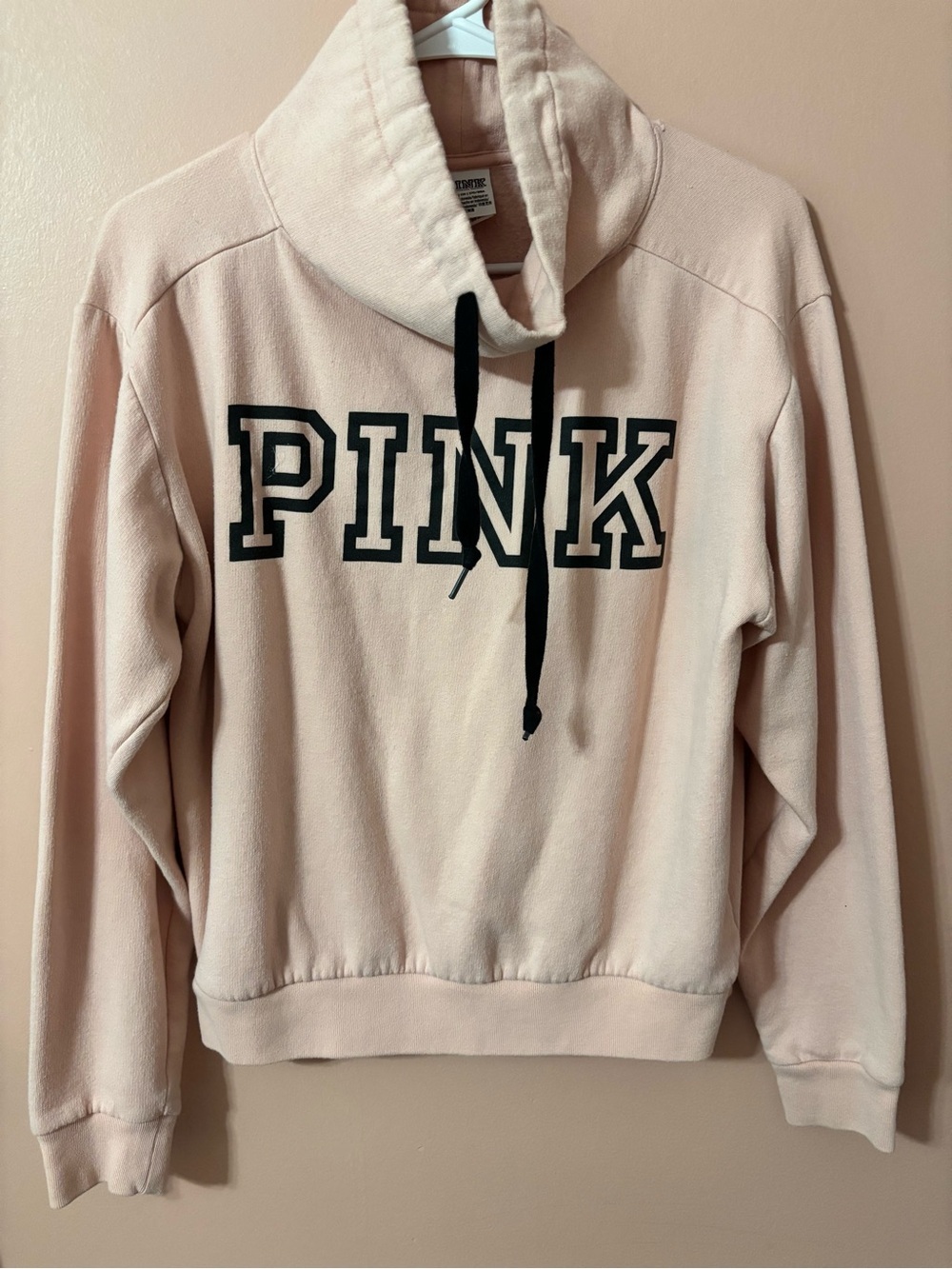 PINK Victoria's Secret Light Pink Cowl-Neck Sweatshirt with Black Logo
